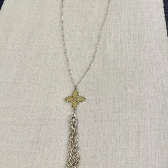 Silver 32" Necklace w/ 4-Petal Quatrefoil Yellow Enamel Flower Pendant & Tassel - Picture 1 of 4